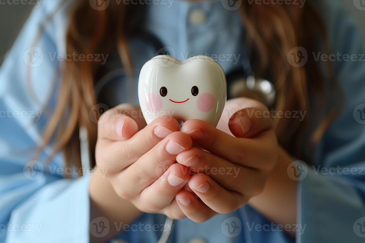 AI generated Female dentist in blue outfit holding a cute toy tooth photo