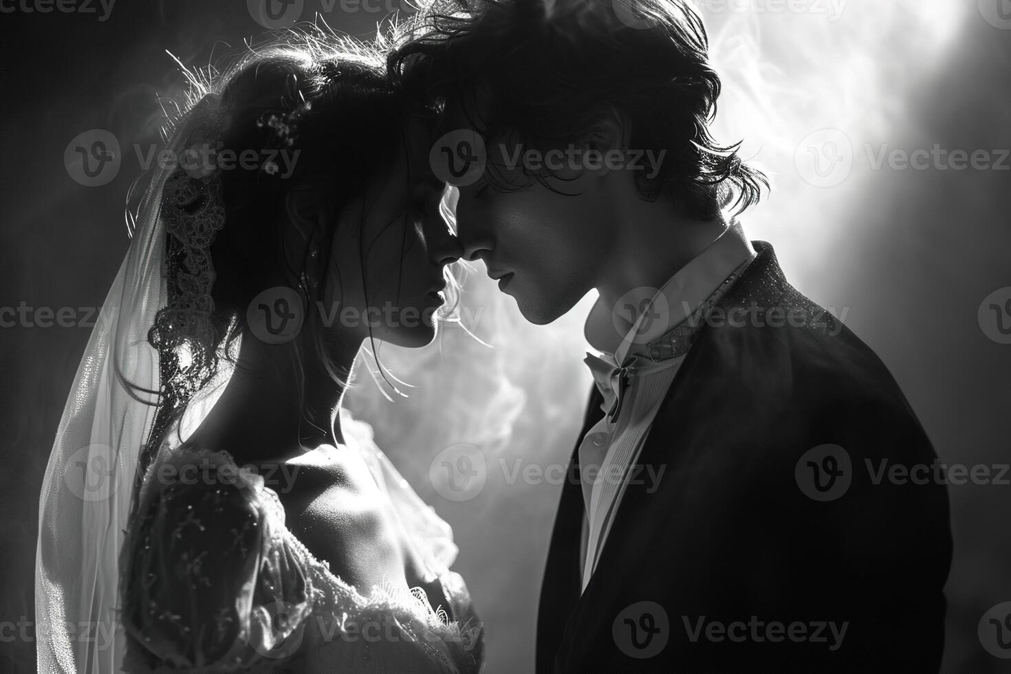 AI generated closeup black and white romantic wedding photo of young beautiful couple bride and groom kissing profile view