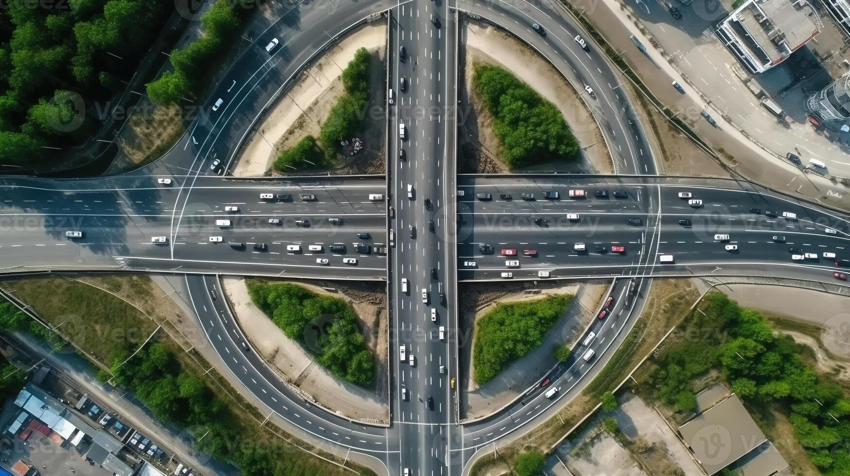AI generated Aerial view of abstract roundabout intersection of city roads with cars on it photo