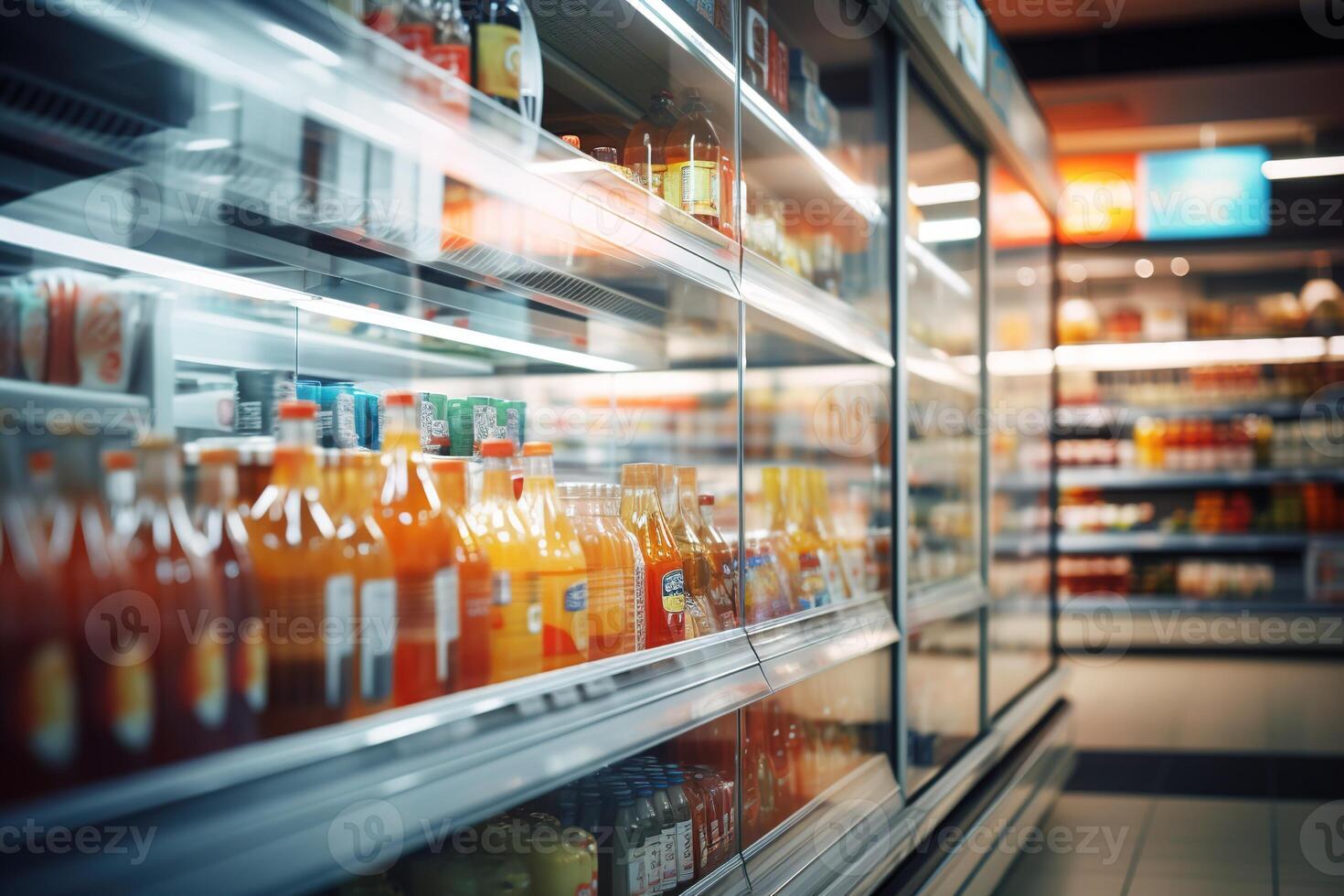 AI generated Supermarket refrigerator with drinks, shelves with food, selective focus, blurred background photo