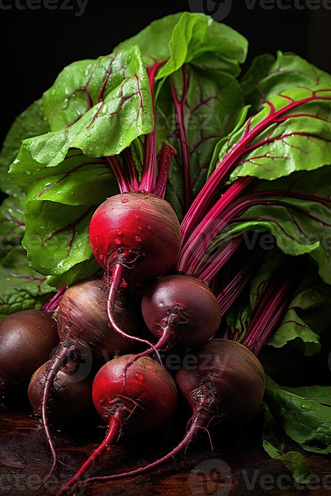 AI generated closeup freshly collected farmers natural red ripe beets with tops on a garden ground photo