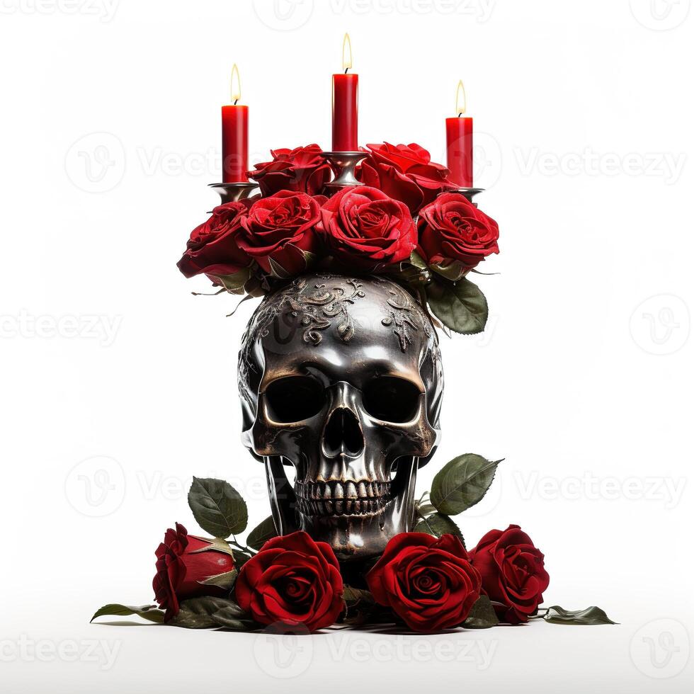 AI generated candle holder in the shape of a human skull with red roses and a burning candles isolated on white background photo
