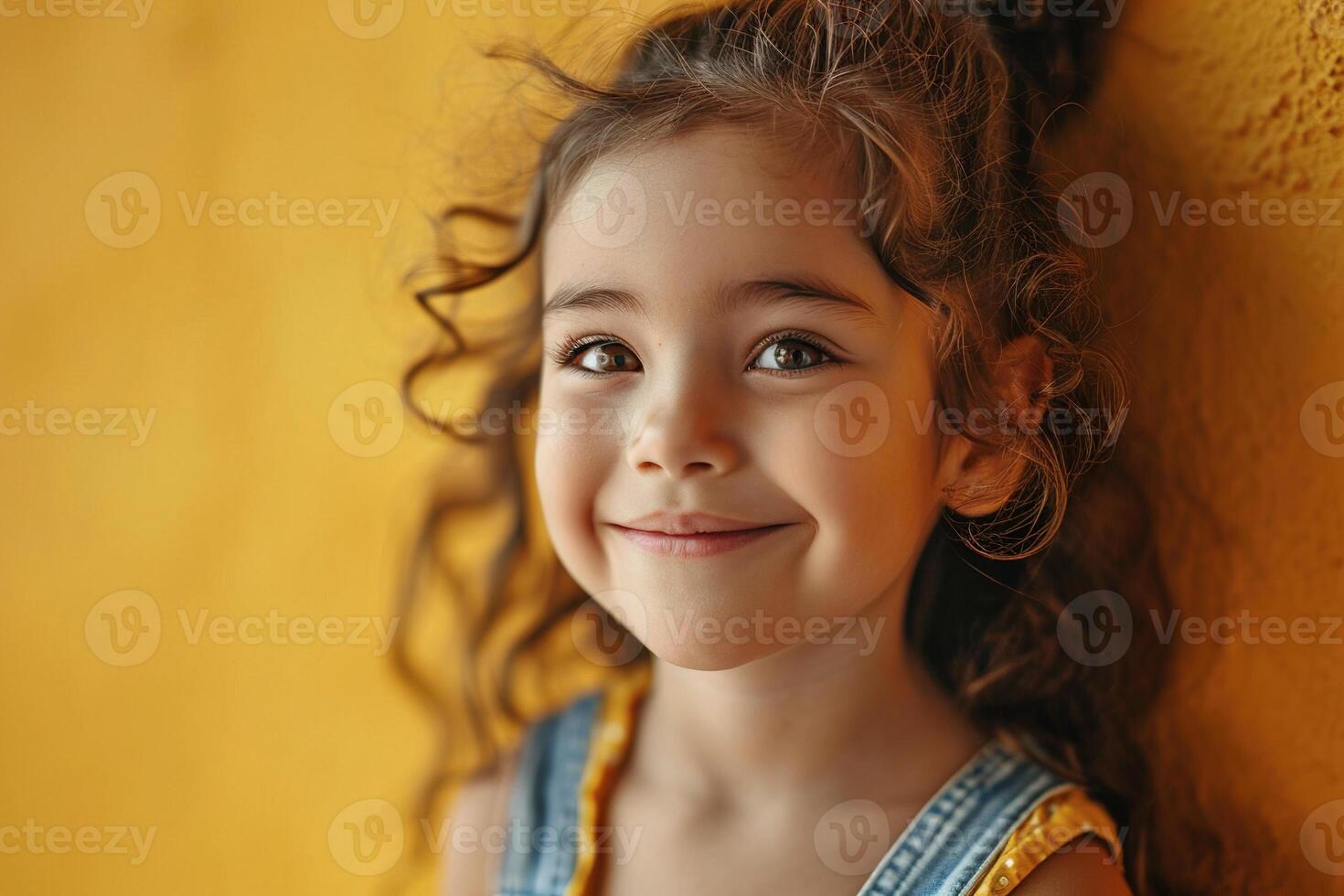 AI generated happy adorable little caucasian girl with curly hair on yellow wall, closeup smiling face photo