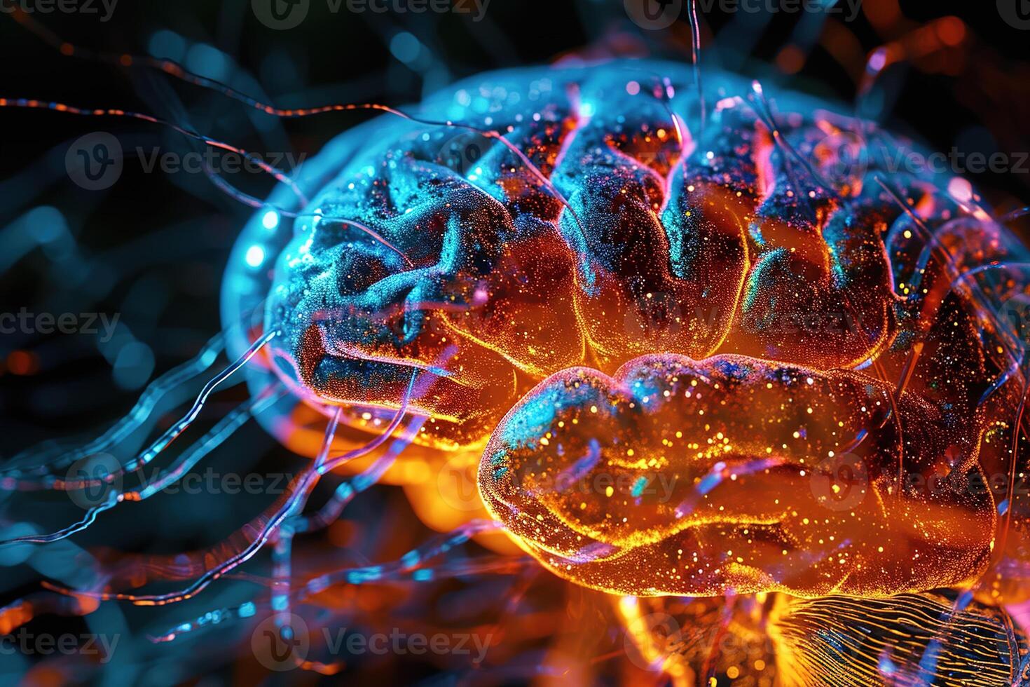 AI generated Illustration of a human brain glowing with orange neon on a black background. Creativity, science and mental health or disorders concept photo