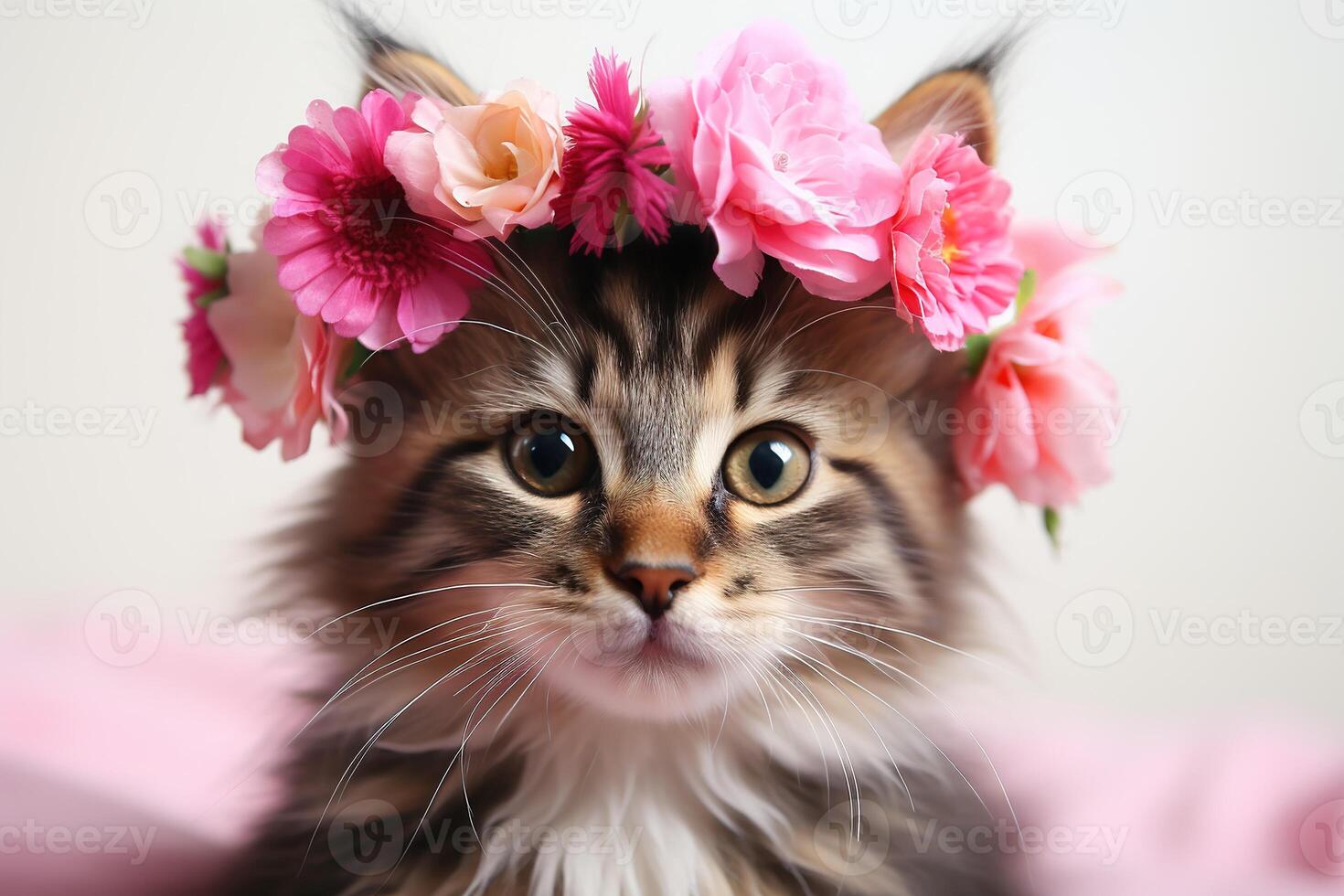AI generated adorable tabby cat with pink flowers crown on head photo