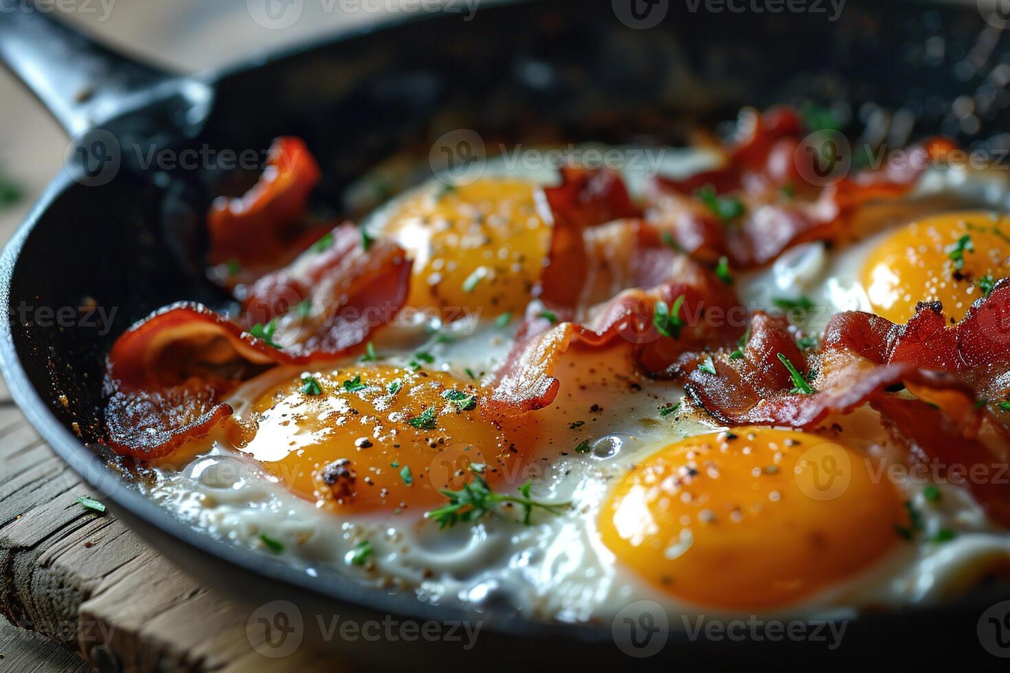 AI generated closeup of delicious breakfast fried eggs with bacon and herbs in a frying pan on wooden table photo