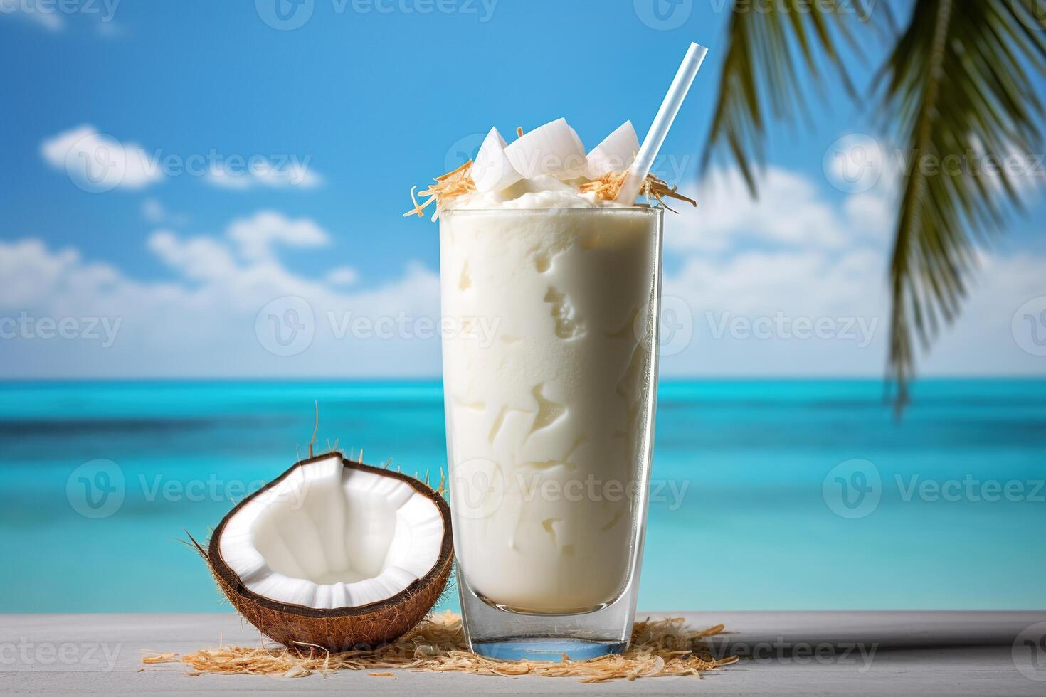AI generated Coconut milkshake in a vintage glass with a blurred tropical sea and palm leaves in the background photo