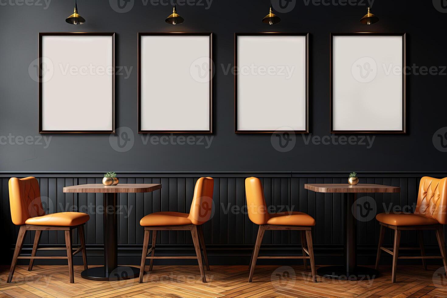 AI generated Bar interior with black walls with wooden tables and chairs and four mockup blank pictures photo