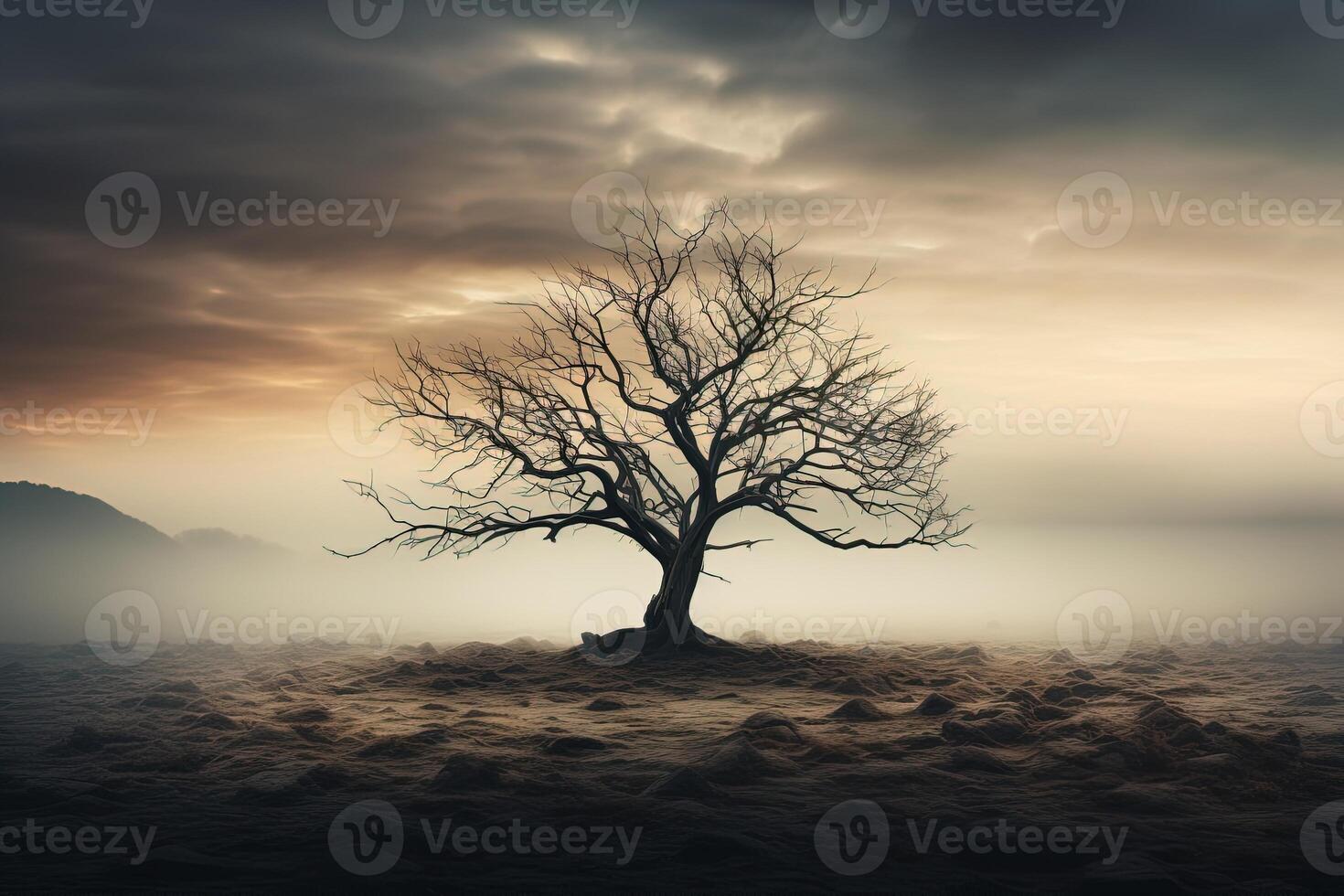 AI generated silhouette of a lonely tree with bare branches standing in a foggy field in cloudy weather photo