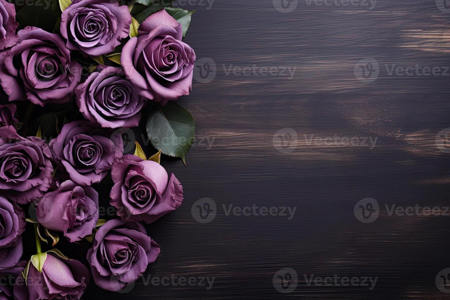 AI generated violet roses frame on dark wooden board background top view, beautiful floral template with copy space photo