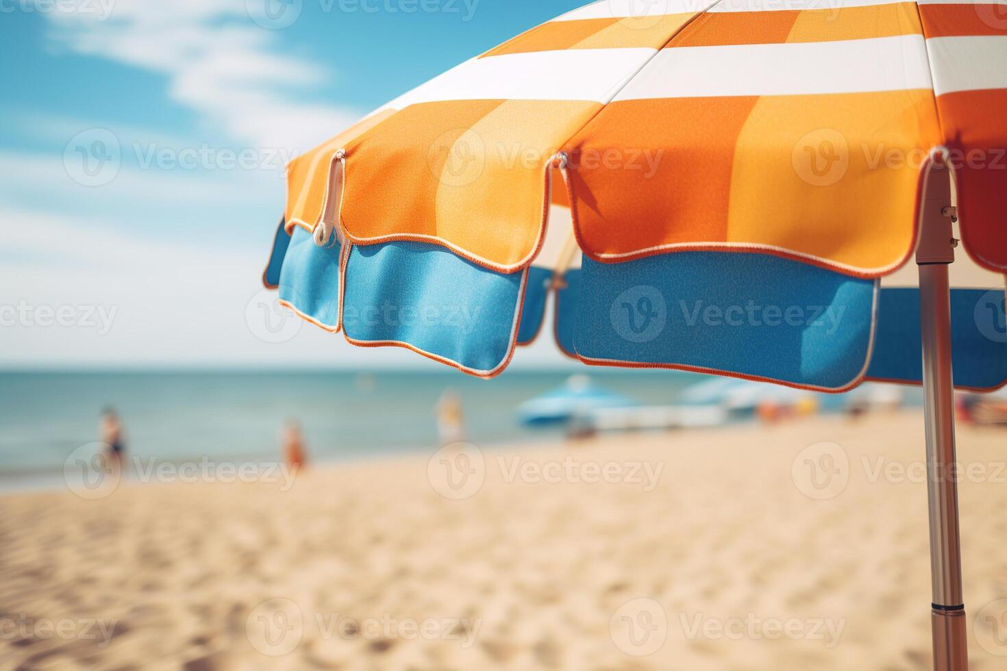 AI generated Close up image of a yellow orange and blue beach umbrella on a background of a beach and blue sea photo