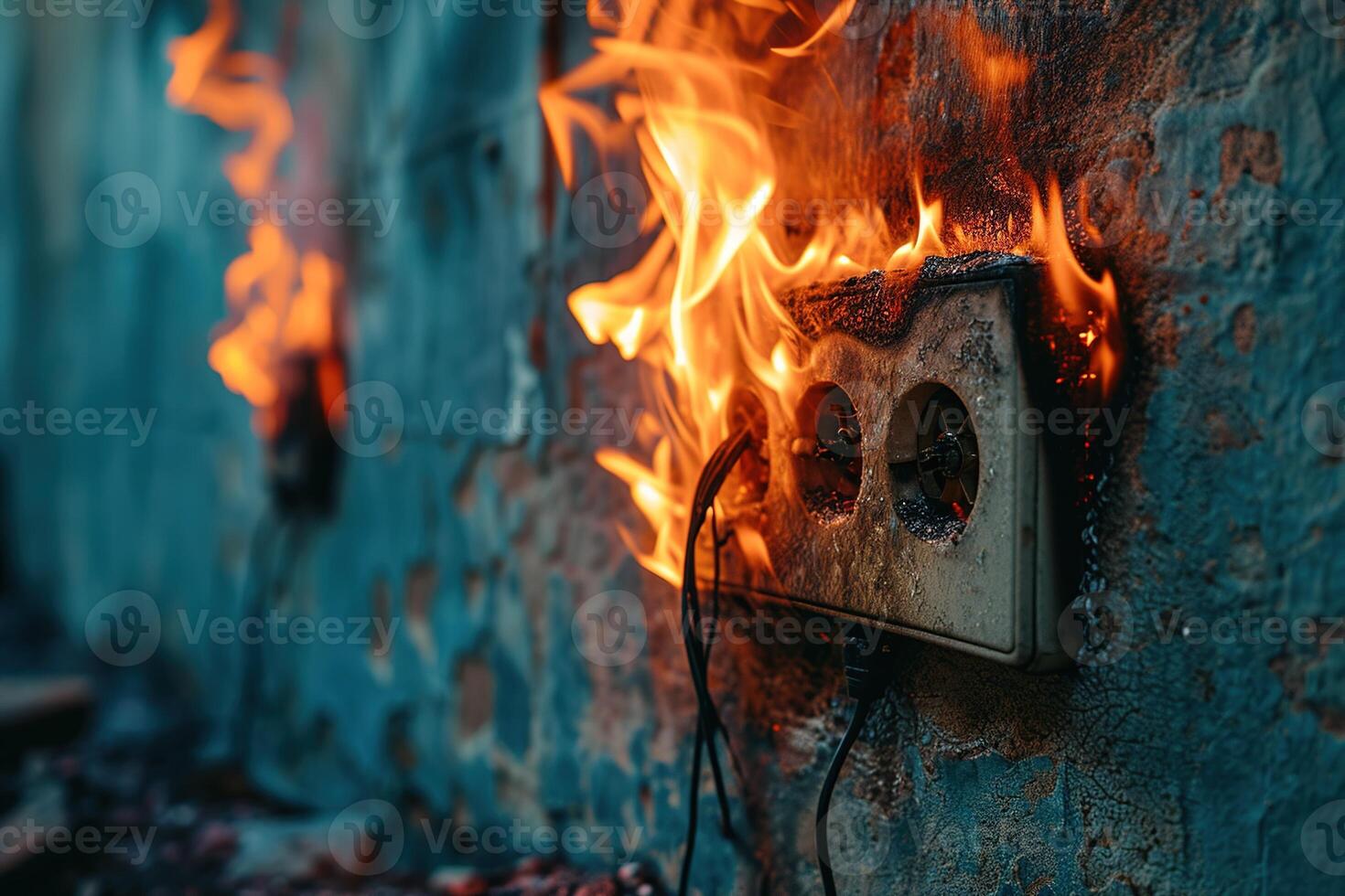 AI generated Broken white socket burning on a blue wall. Fire alert in a room. photo