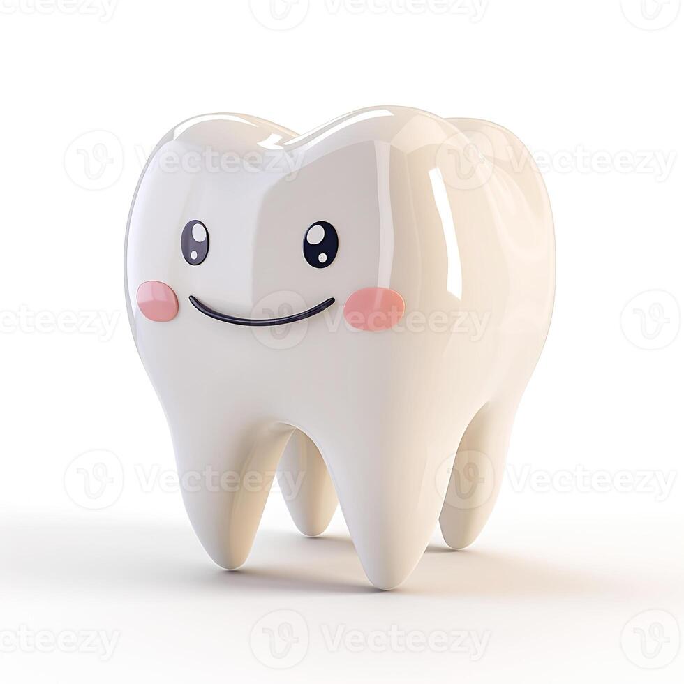 AI generated Volumetric illustration of a tooth with smile in a cartoon style with a happy emotion isolated on white background photo