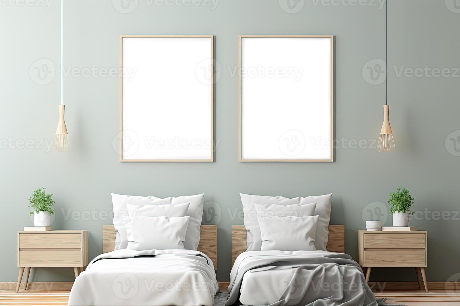 AI generated bedroom interior with two beds, lamps, plants and table and two mockups of blank pictures on the wall photo