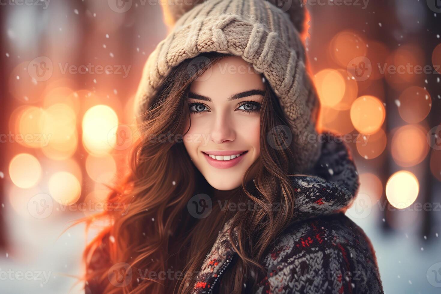 AI generated portrait of a smiling young caucasian woman with long wavy hair wearing a warm knitted hat on winter park blurred bokeh background photo