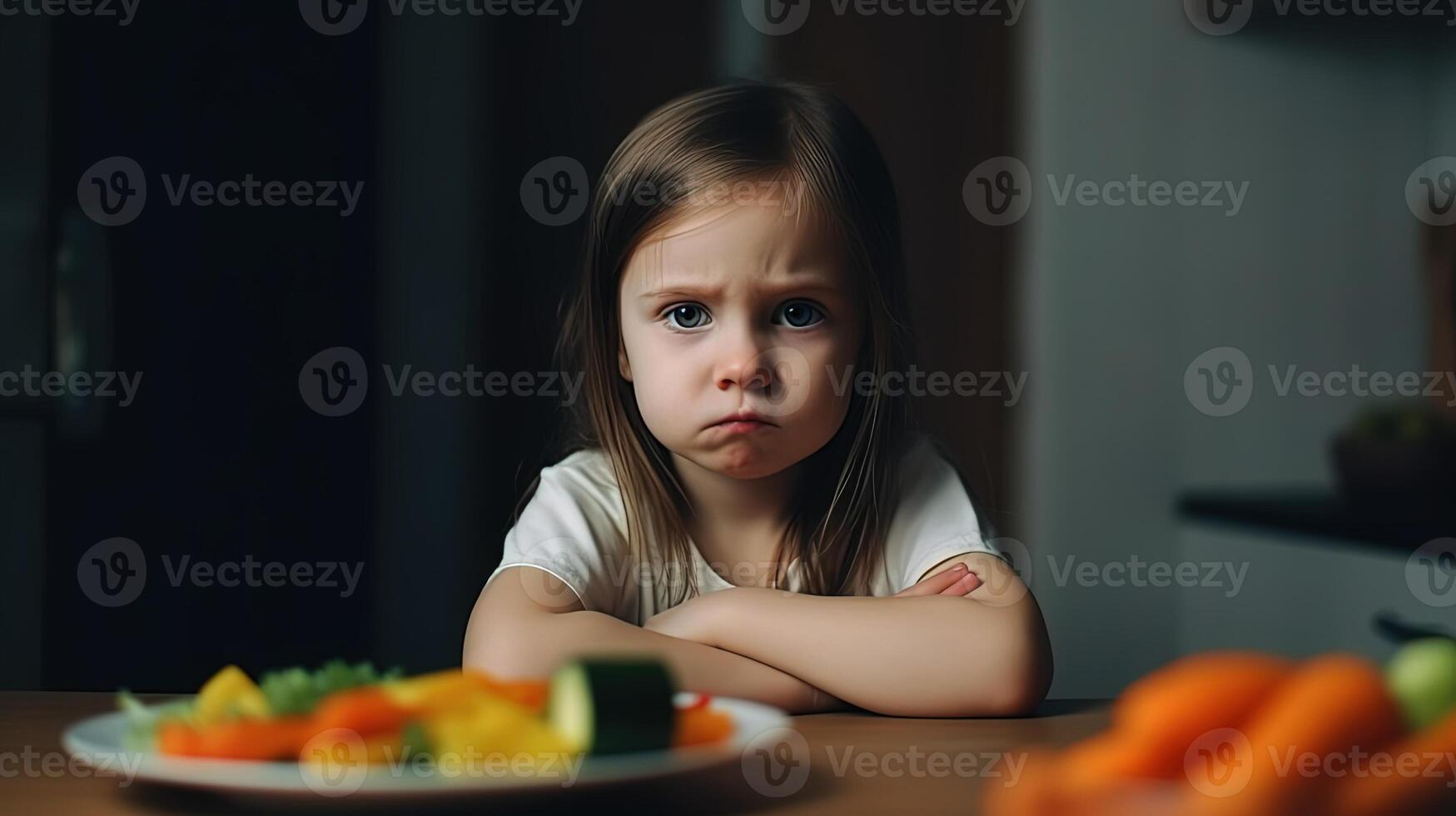 ai generado ofendido pequeño niña se sienta a el mesa y lo hace no querer a comer vegetales foto