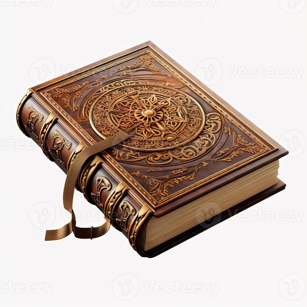 AI generated Ancient magic book in leather binding on a white background photo