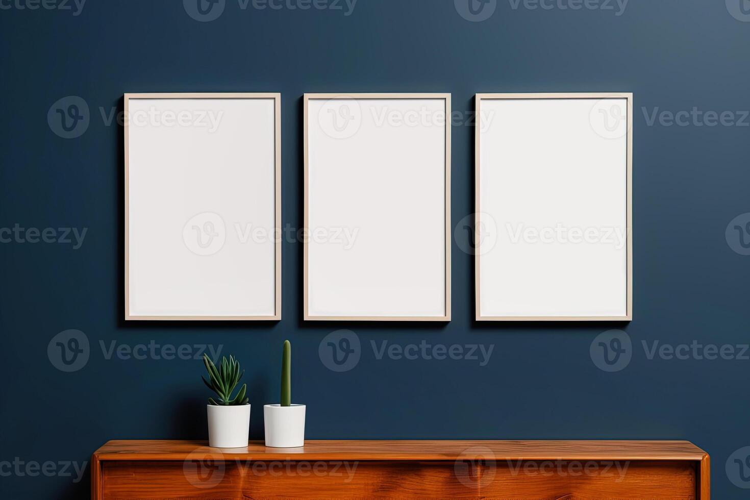 AI generated Dark blue wall room interior with plants on a wooden table under three empty mockups in wooden frames photo