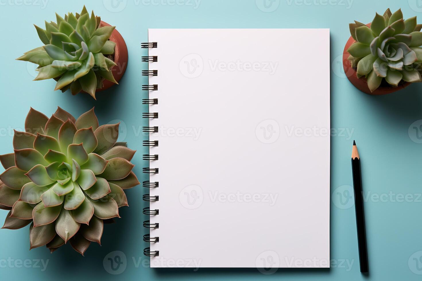 AI generated mockup white blank empty notepad with pencil and succulents top view on blue background, template flat lay for design with copy space photo