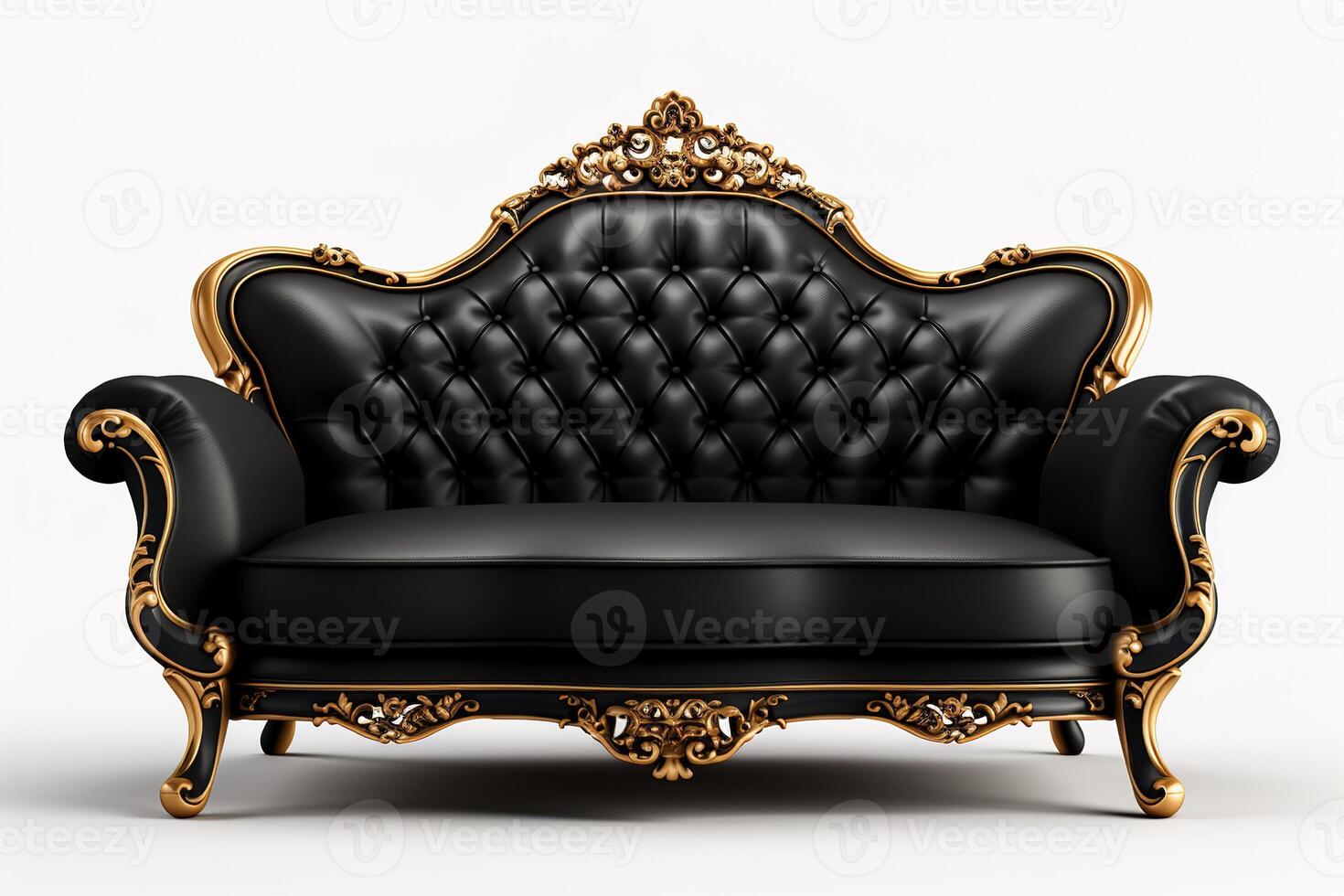 AI generated Luxury classic black and gold leather capitone buttoned sofa, isolated on white photo