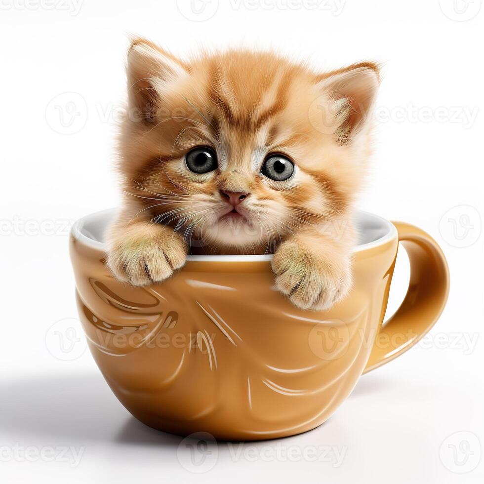 AI generated cute fluffy ginger kitten inside in a cup on white background photo