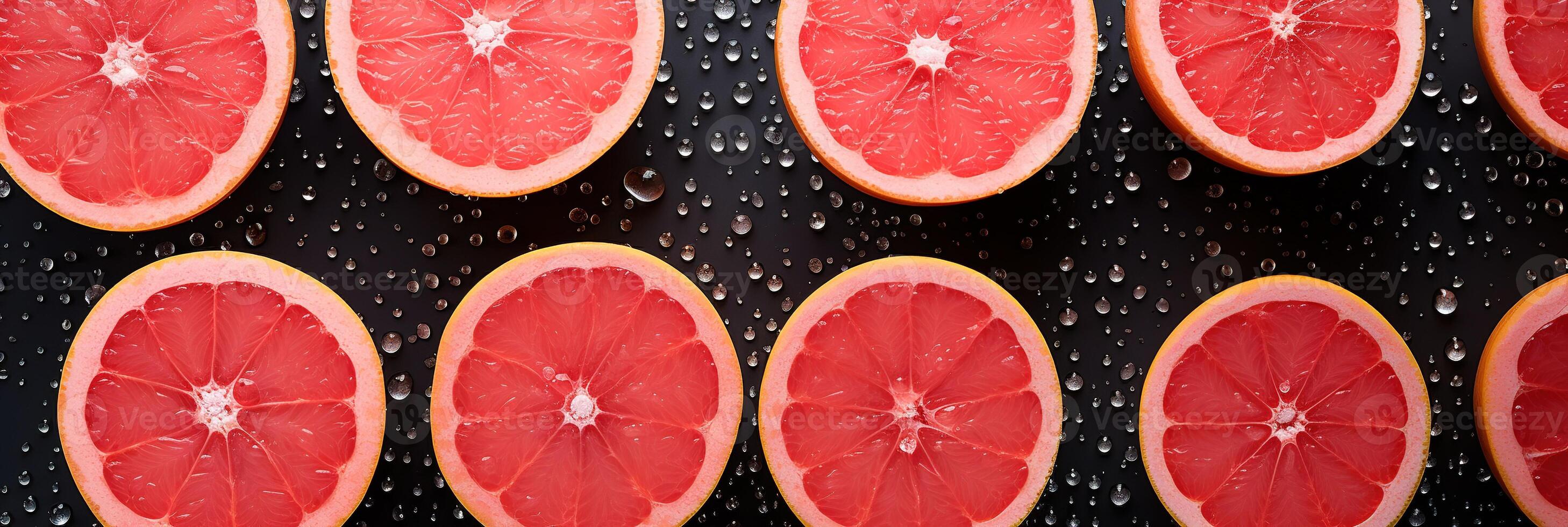 AI generated ripe fresh sliced red grapefruit in drops of water on black background top view banner photo