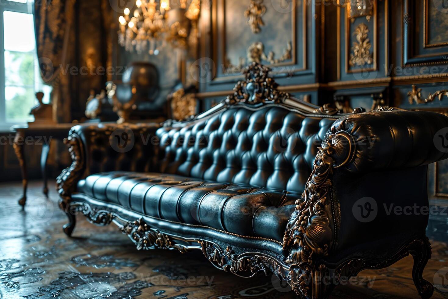 AI generated Luxurious classic design black leather large sofa in a classic room interior photo