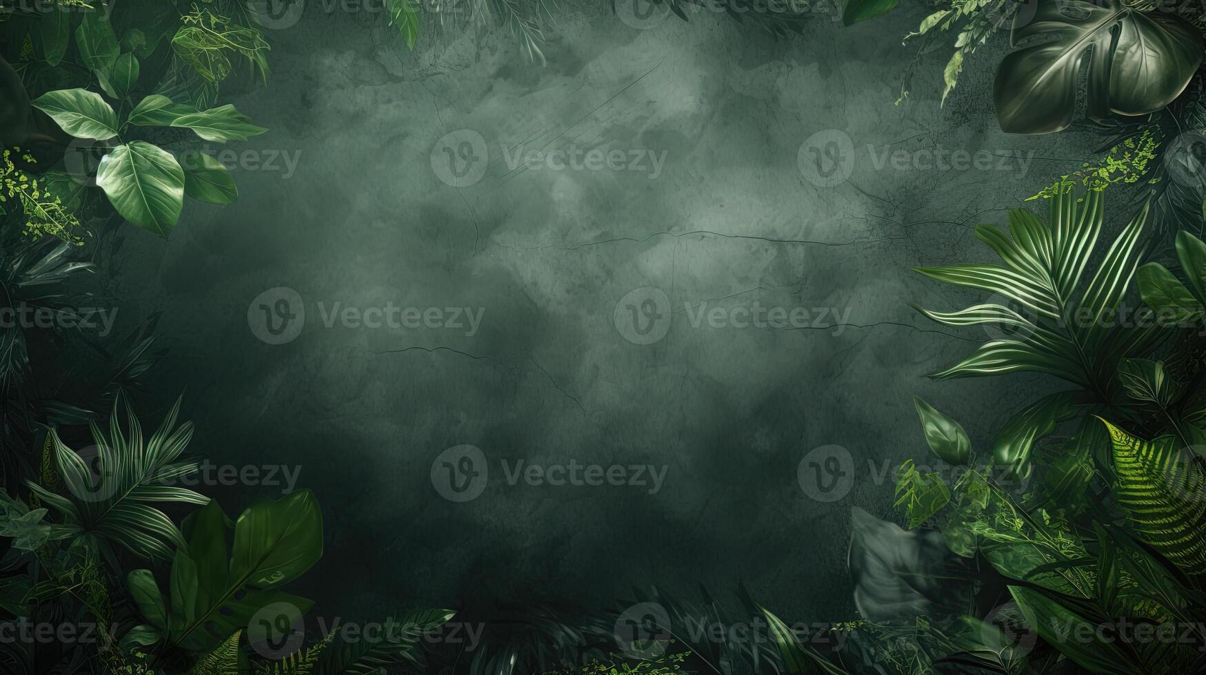 ai generado ilustración de varios tropical follaje enmarcado un verde agrietado hormigón grunge antecedentes foto