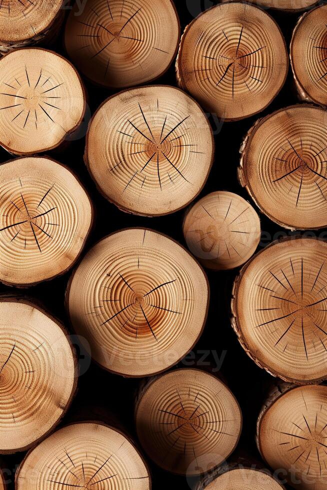 AI generated vertical background of many stacked cut tree logs, natural wooden trunks texture photo
