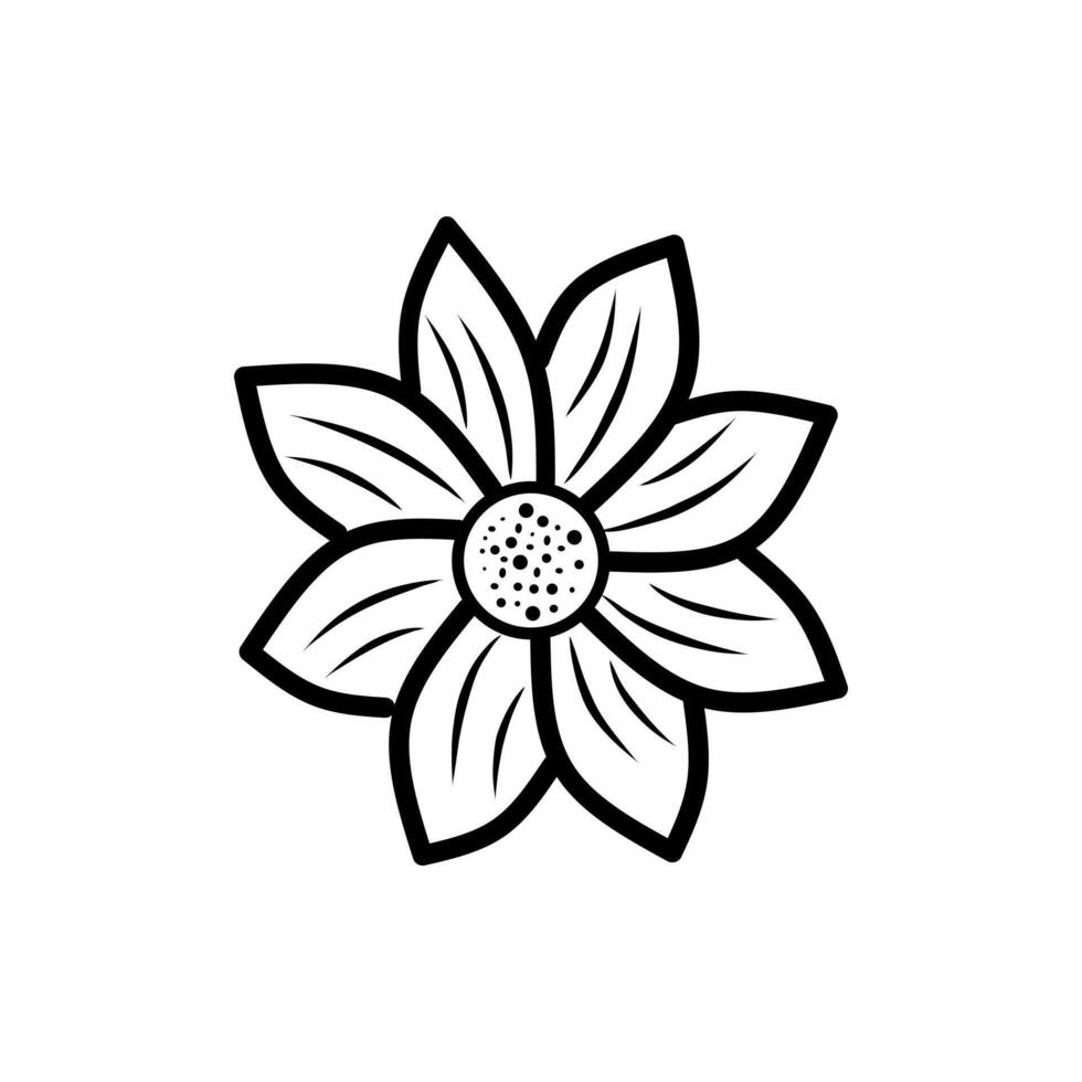 Black and white flower drawing with leaves. Suitable for nature themed designs, botanical illustrations, and floral patterns for various products. vector