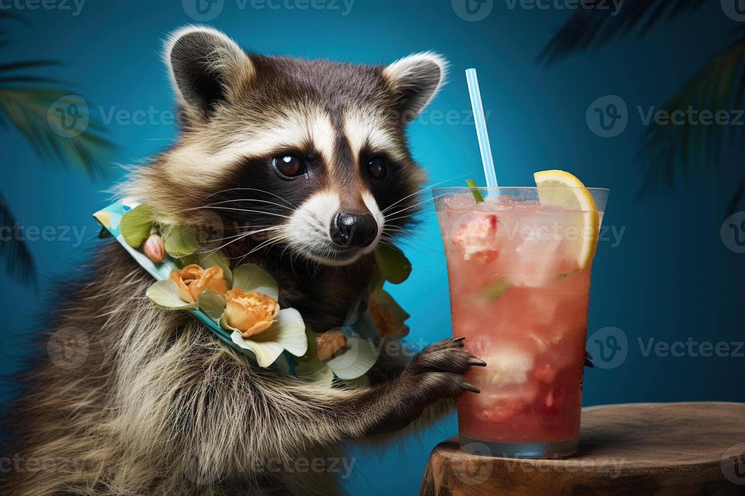 AI generated Raccoon tourist in a Hawaiian necklace holding a glass of tropical cocktail while sitting on a blue background among palm leaves photo
