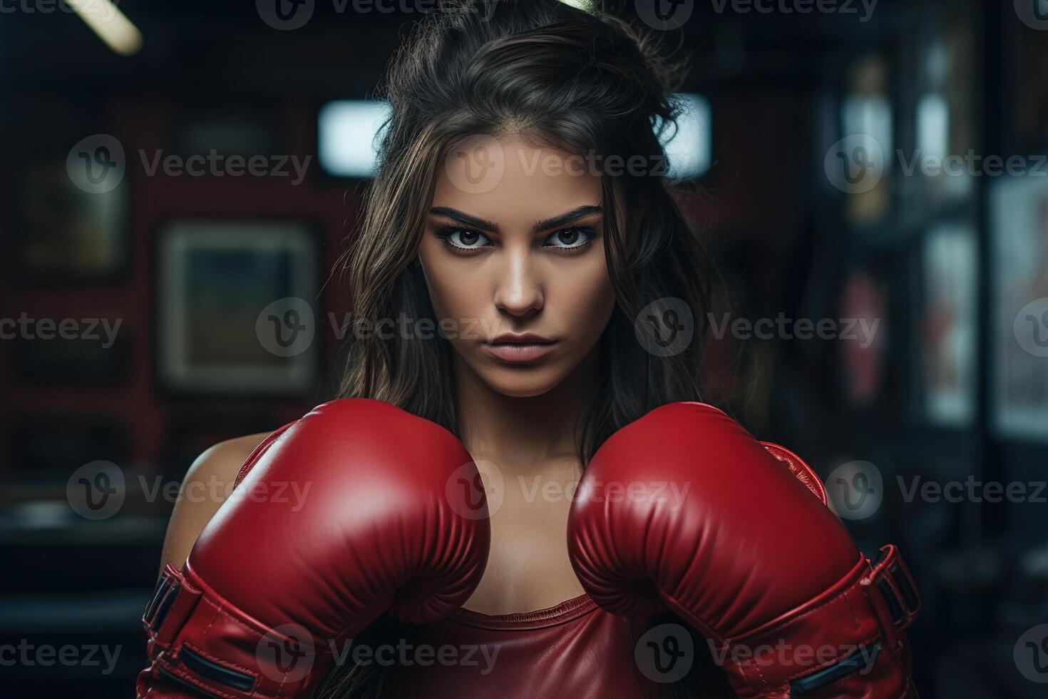 AI generated Gorgeous hot brunette woman in red singlet and red boxing gloves on a dark background photo