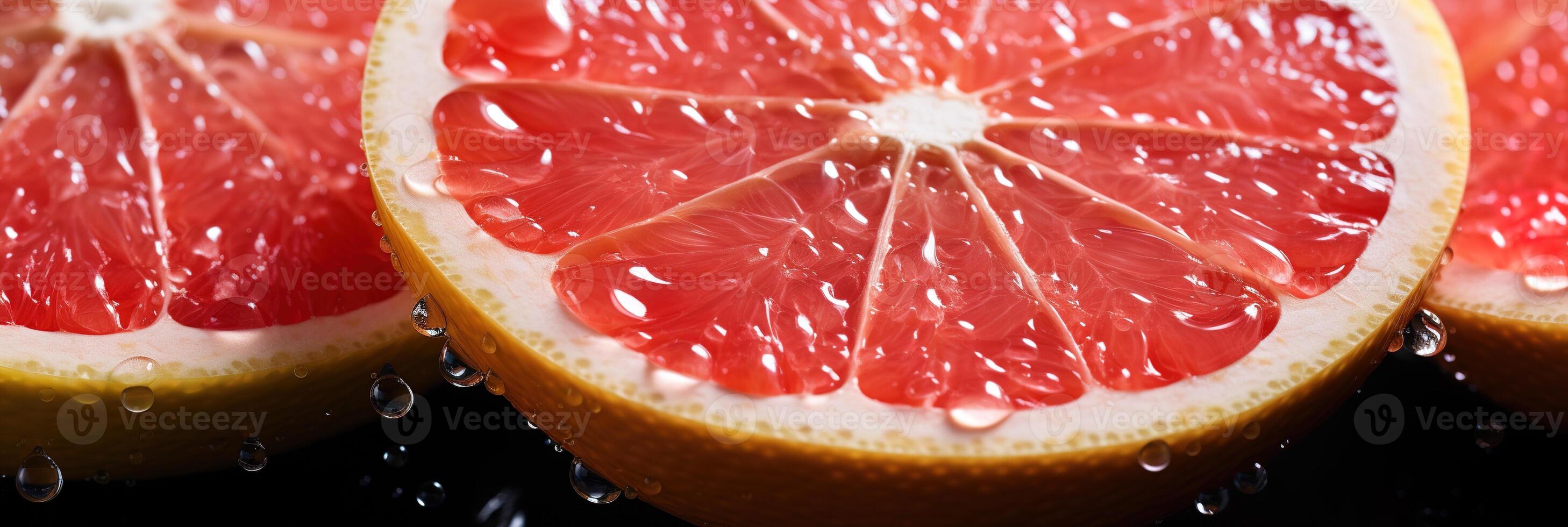 AI generated closeup ripe juice sliced red grapefruit in water drops top view banner photo