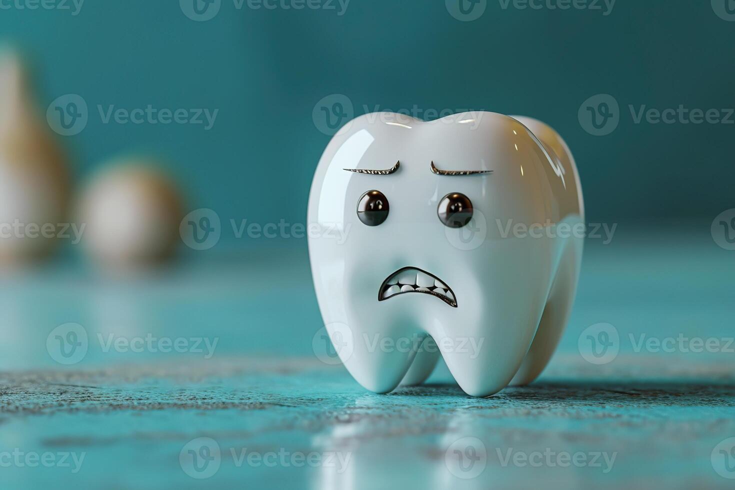 AI generated Volumetric illustration of a tooth in a cartoon style with a sadness and anger emotions on blue background photo