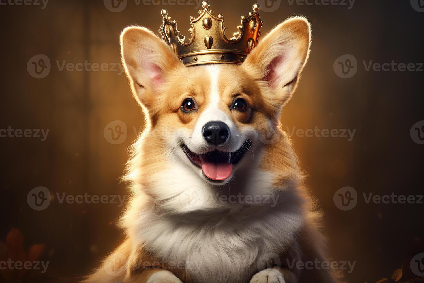 AI generated portrait of a cute happy corgi dog wearing a golden royal crown photo