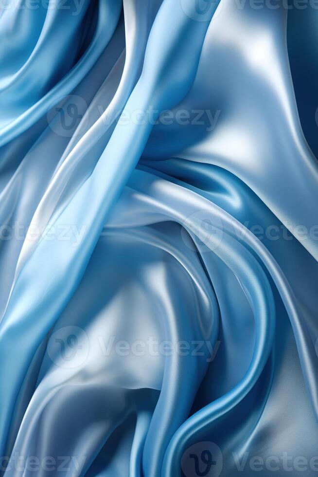 AI generated Abstract light blue wavy crumpled shiny satin silk fabric textured textile vertical background photo