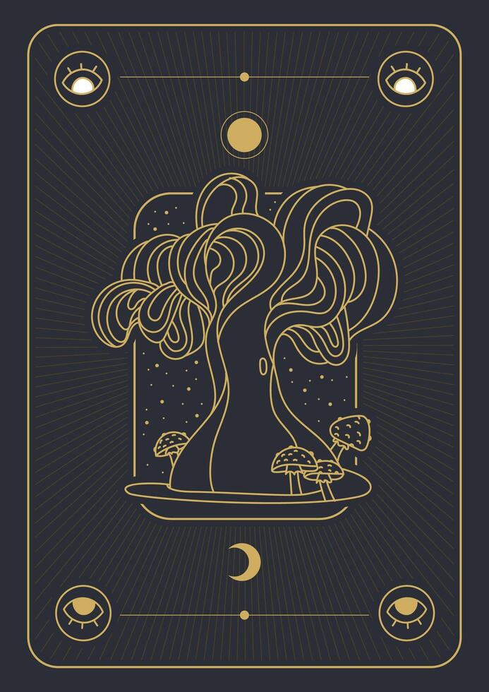 Design in boho style for the cover, astrology, tarot. Tree and fly agaric. Vector illustration.