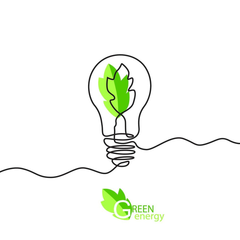 Green energy concept with lightbulb and leaf. Vector illustration.
