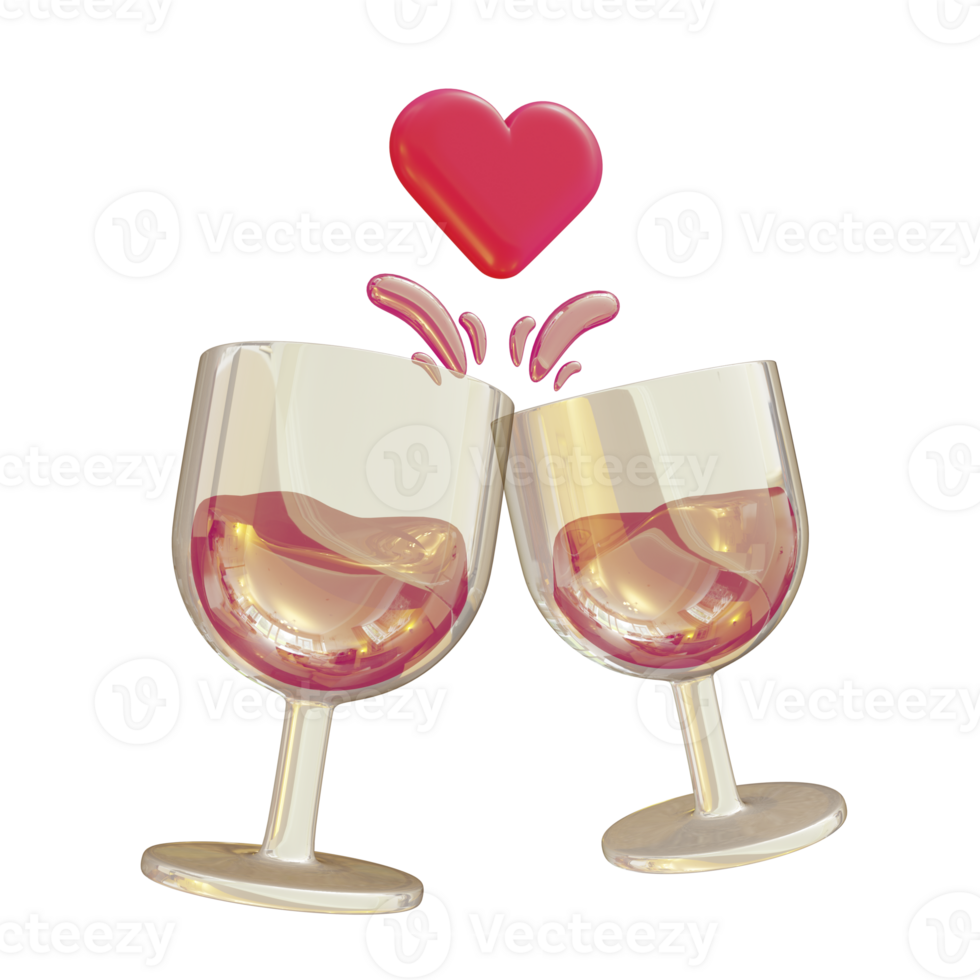 3D Illustration of couple wine glass toast icon with heart love symbol for Valentine's Day png