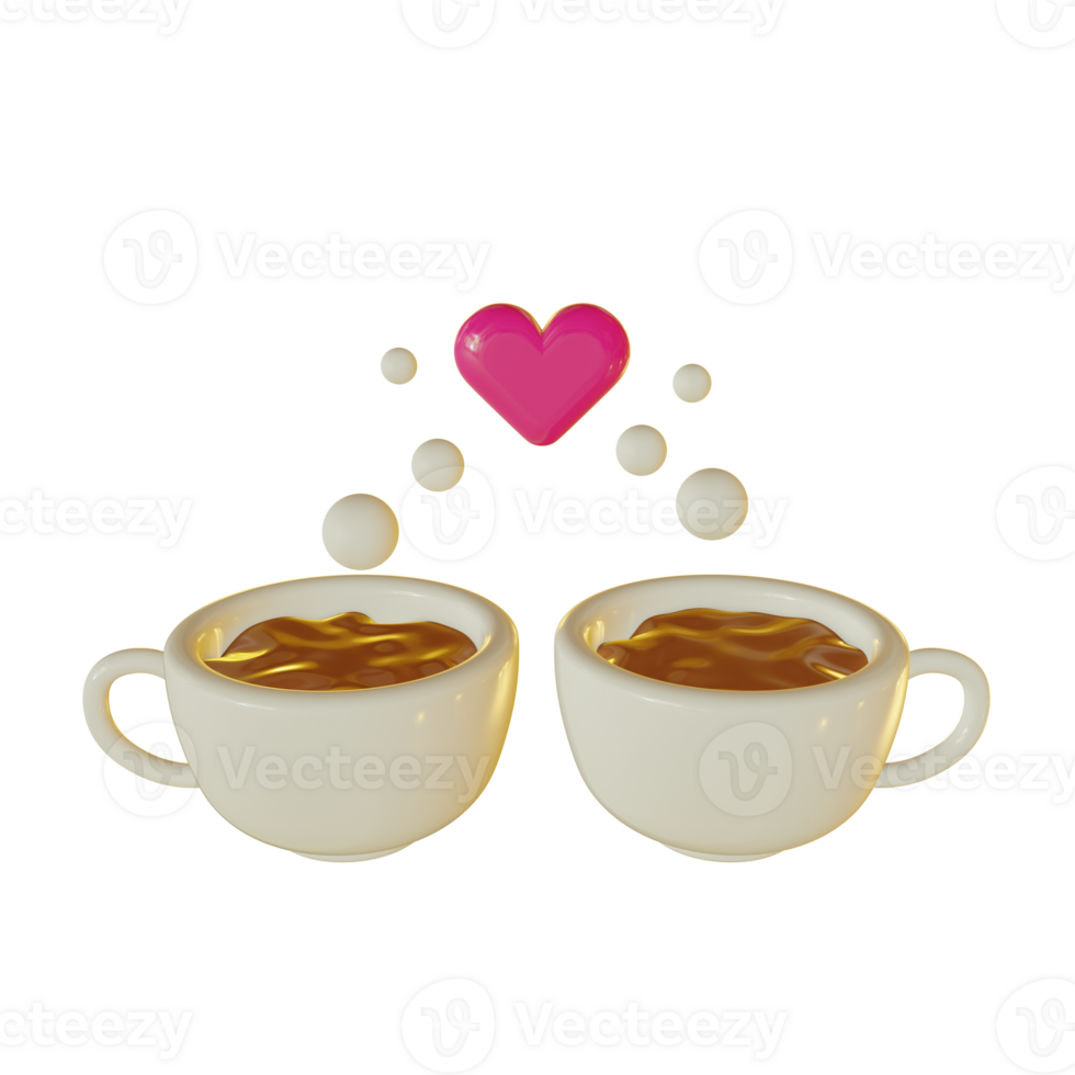 3D Illustration of Two mugs of coffee with a heart in the middle for Valentine's Day png