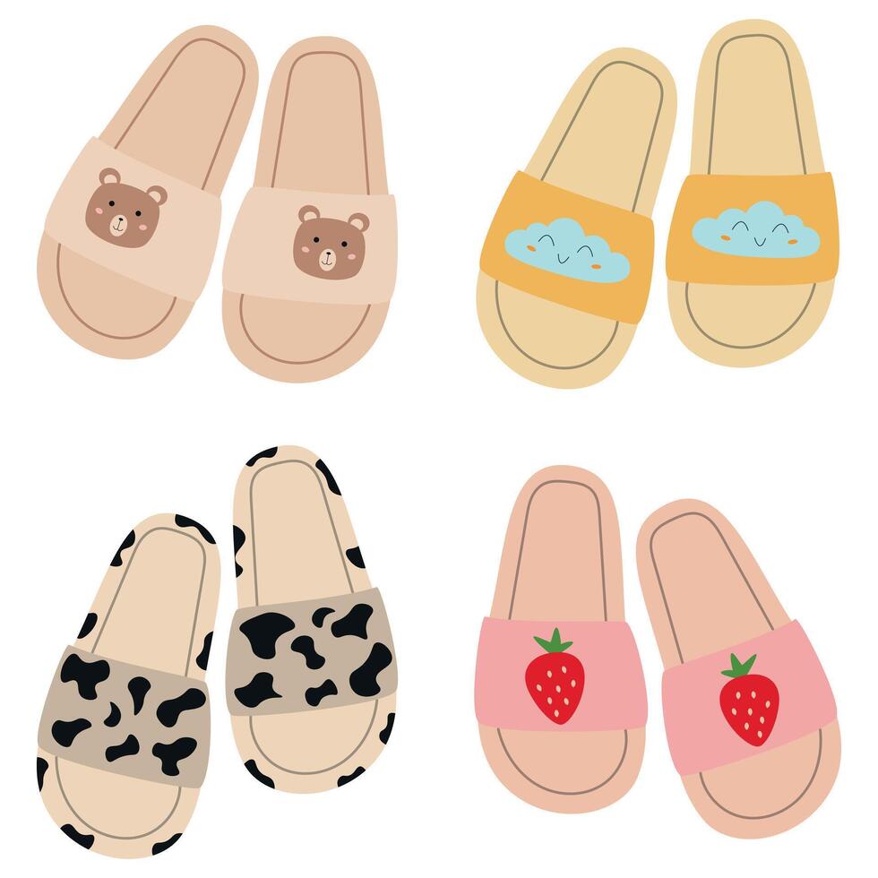 Vector set of summer slippers, summer shoes flip flops, slippers top view isolated on white background, slippers clipart