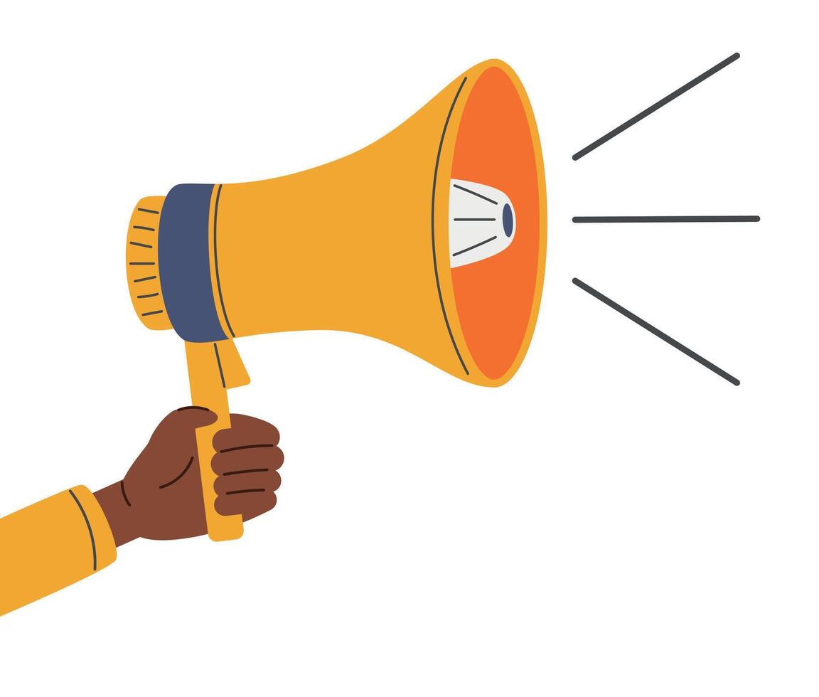 Hand holding megaphone, loudspeaker, vector illustration