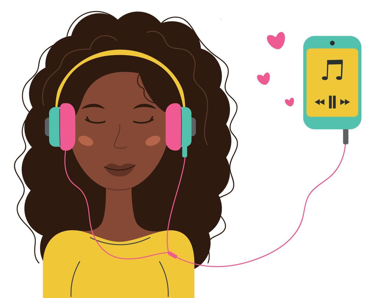 plano vector ilustración de un hermosa mujer vistiendo auriculares escuchando a su favorito música