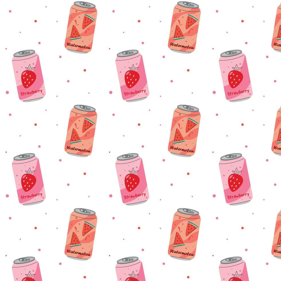 Vector pattern of soda cans with strawberries and watermelon