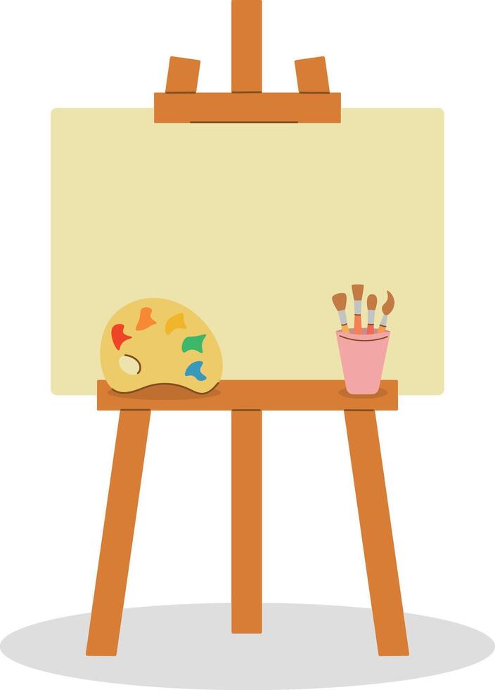 Wooden easel with blank canvas, paints and brushes, vector clipart, cartoon style easel
