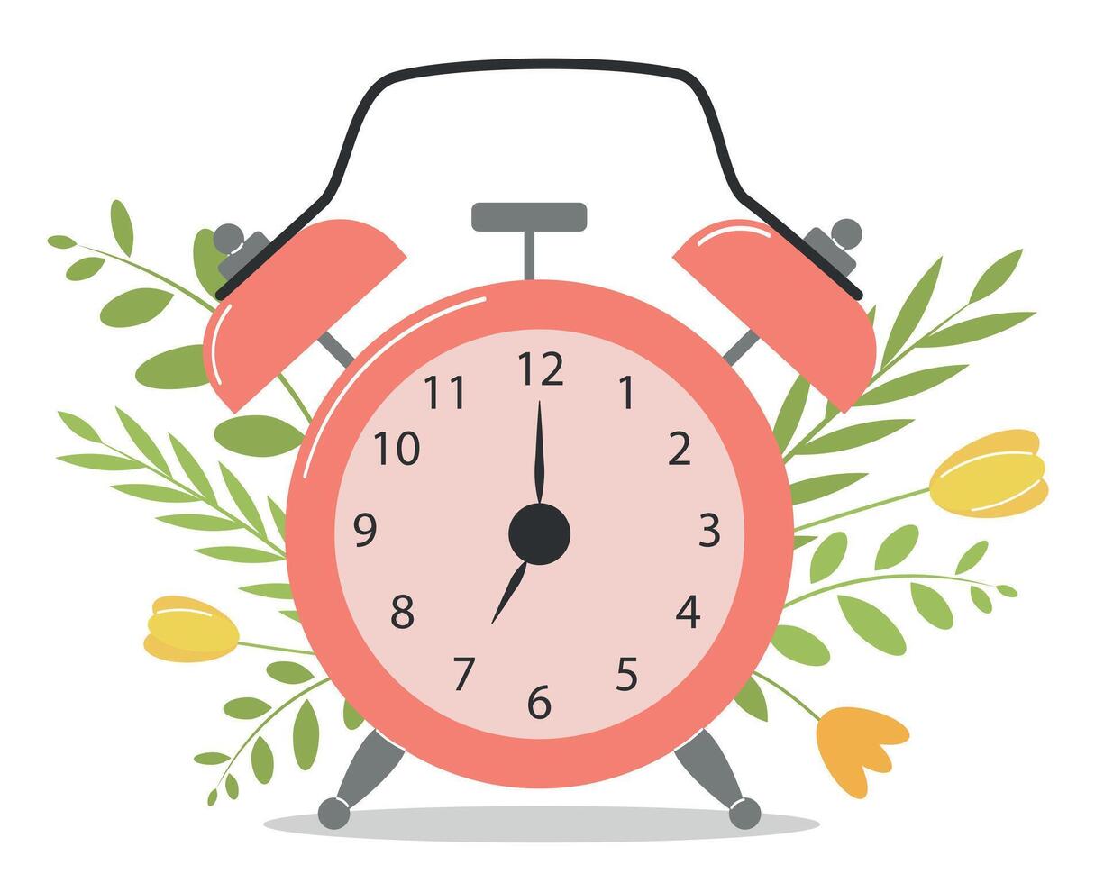 Alarm clock time spring, hello spring, wake up, pink alarm clock with flowers, vector illustration