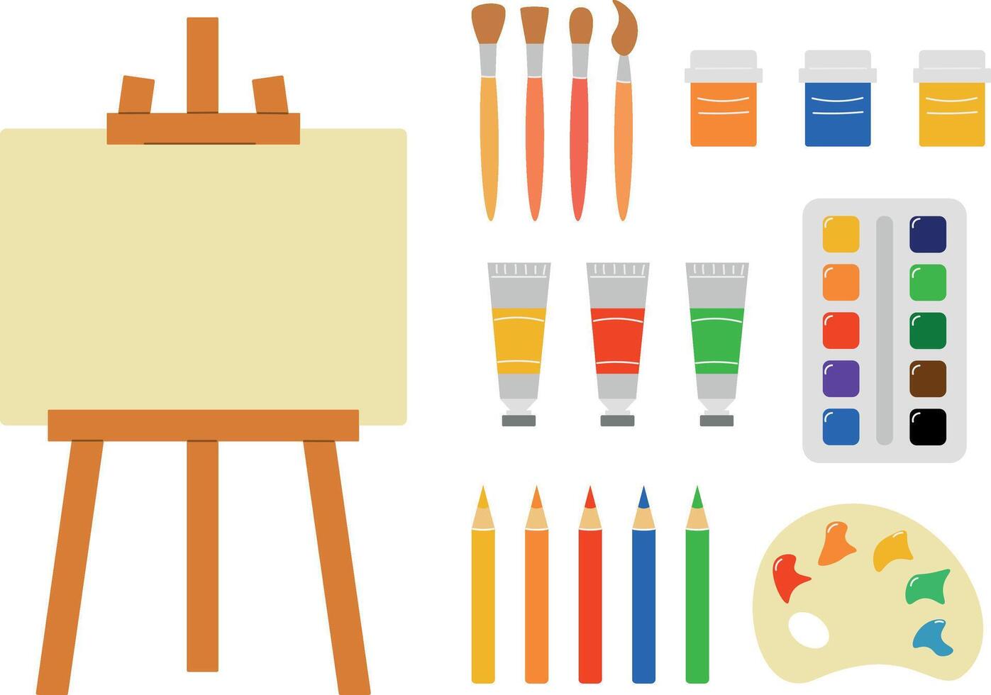 Vector drawing set, easel, paints, brushes, gouache, pencils, flat illustration in cartoon style