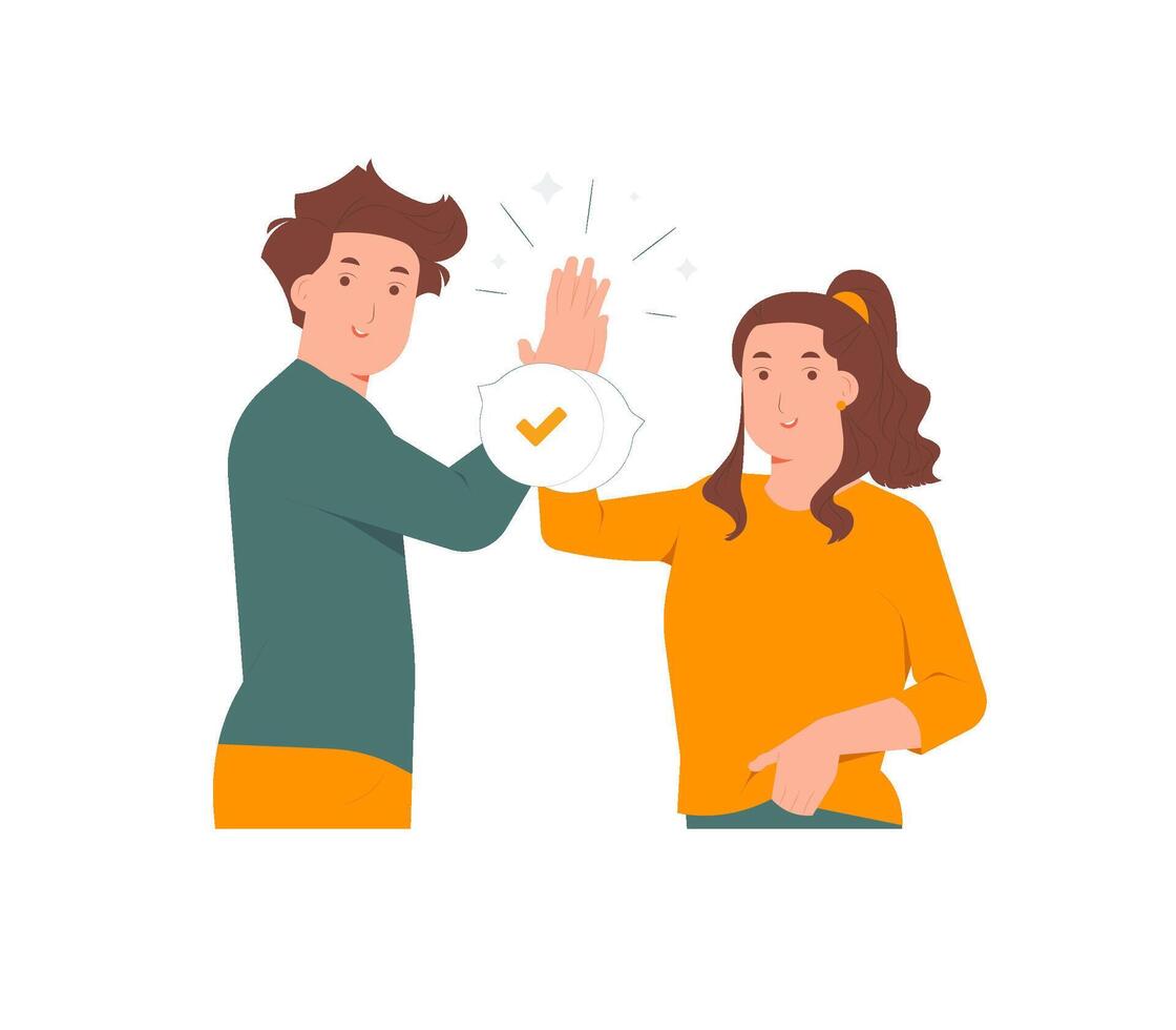 Excited young man and woman giving high five gesture, slapping each others palms, arms raised, putting hands together concept illustration vector