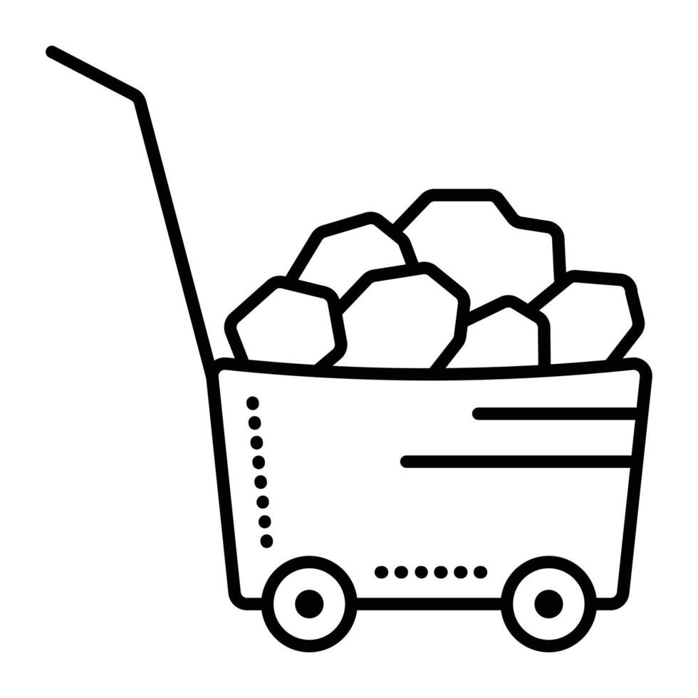 Cargo trolley with construction load, black line vector icon of cart