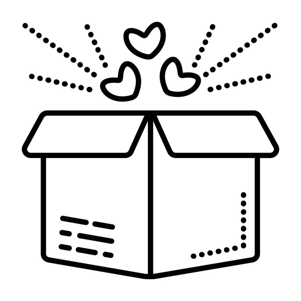 Single open gift box pictogram, black line vector icon of a package, parcel